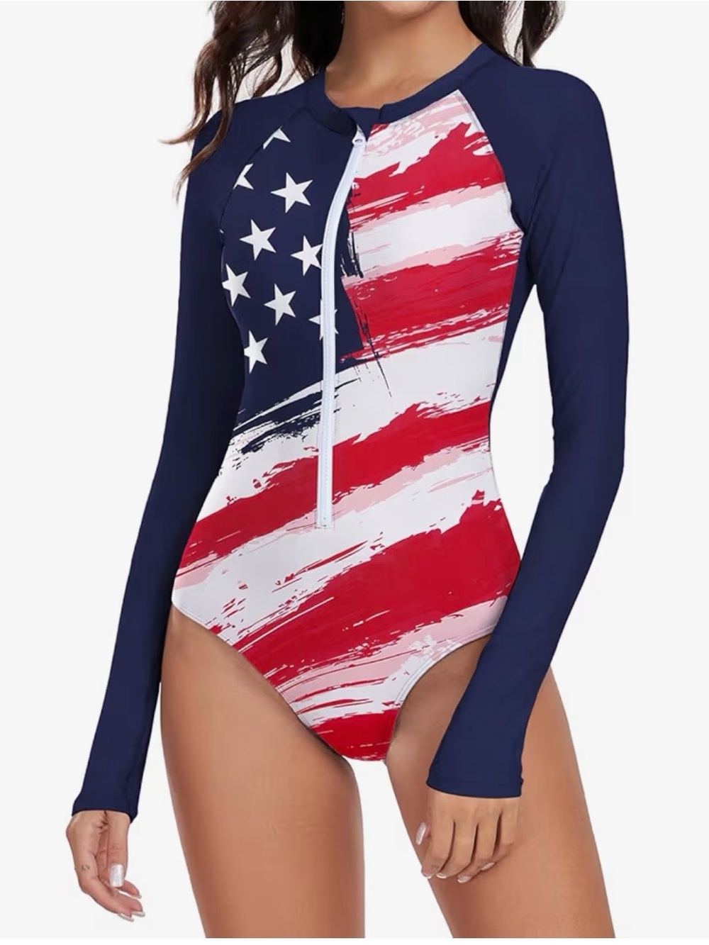 Long Sleeve American Flag One-Piece Swimsuit - Navy/Red/White with removable pad